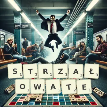 Kreatywna ilustracja do gry w Scrabble ze słowem STRZAŁOWATE ułożonym z płytek na planszy.