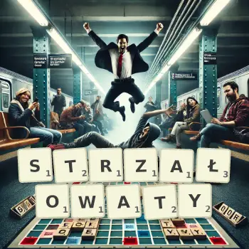 Kreatywna ilustracja do gry w Scrabble ze słowem STRZAŁOWATY ułożonym z płytek na planszy.
