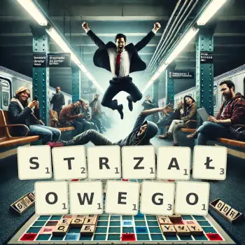 Kreatywna ilustracja do gry w Scrabble ze słowem STRZAŁOWEGO ułożonym z płytek na planszy.