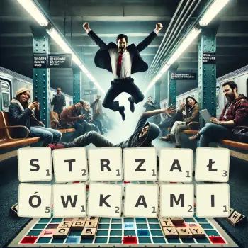 Kreatywna ilustracja do gry w Scrabble ze słowem STRZAŁÓWKAMI ułożonym z płytek na planszy.