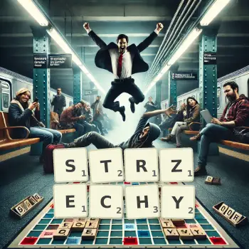 Kreatywna ilustracja do gry w Scrabble ze słowem STRZECHY ułożonym z płytek na planszy.