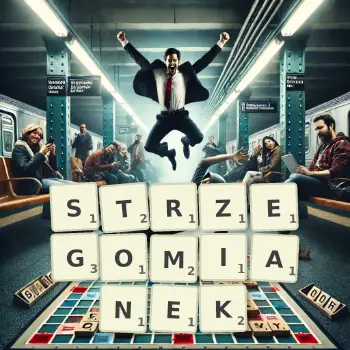Kreatywna ilustracja do gry w Scrabble ze słowem STRZEGOMIANEK ułożonym z płytek na planszy.