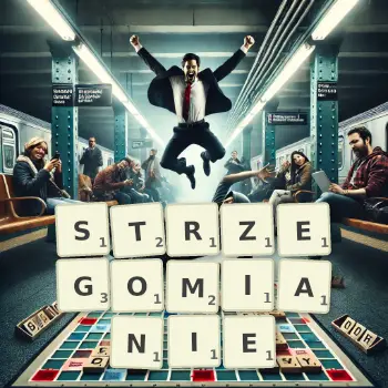 Kreatywna ilustracja do gry w Scrabble ze słowem STRZEGOMIANIE ułożonym z płytek na planszy.