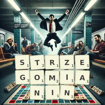 Kreatywna ilustracja do gry w Scrabble ze słowem STRZEGOMIANIN ułożonym z płytek na planszy.