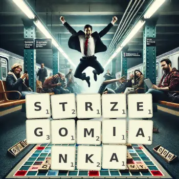 Kreatywna ilustracja do gry w Scrabble ze słowem STRZEGOMIANKA ułożonym z płytek na planszy.
