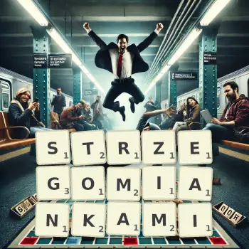 Kreatywna ilustracja do gry w Scrabble ze słowem STRZEGOMIANKAMI ułożonym z płytek na planszy.