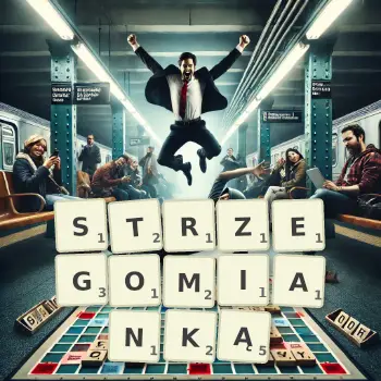 Kreatywna ilustracja do gry w Scrabble ze słowem STRZEGOMIANKĄ ułożonym z płytek na planszy.