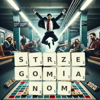 Kreatywna ilustracja do gry w Scrabble ze słowem STRZEGOMIANOM ułożonym z płytek na planszy.