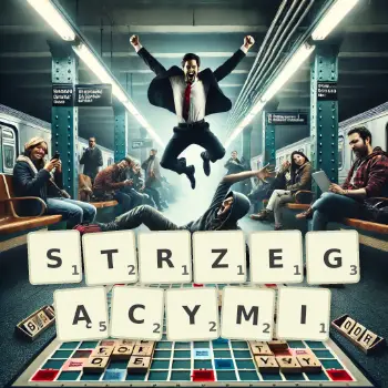 Kreatywna ilustracja do gry w Scrabble ze słowem STRZEGĄCYMI ułożonym z płytek na planszy.