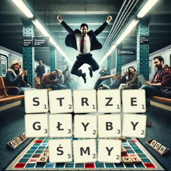 Kreatywna ilustracja do gry w Scrabble ze słowem STRZEGŁYBYŚMY ułożonym z płytek na planszy.