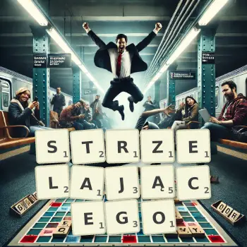 Kreatywna ilustracja do gry w Scrabble ze słowem STRZELAJĄCEGO ułożonym z płytek na planszy.