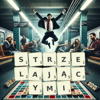 Kreatywna ilustracja do gry w Scrabble ze słowem STRZELAJĄCYMI ułożonym z płytek na planszy.