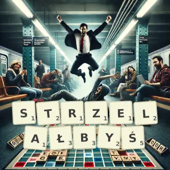 Kreatywna ilustracja do gry w Scrabble ze słowem STRZELAŁBYŚ ułożonym z płytek na planszy.