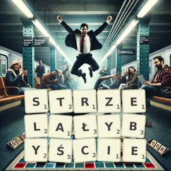 Kreatywna ilustracja do gry w Scrabble ze słowem STRZELAŁYBYŚCIE ułożonym z płytek na planszy.