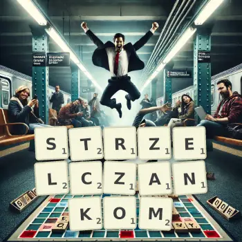 Kreatywna ilustracja do gry w Scrabble ze słowem STRZELCZANKOM ułożonym z płytek na planszy.