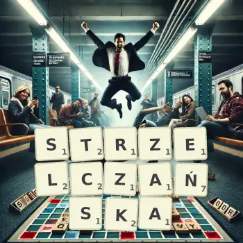 Kreatywna ilustracja do gry w Scrabble ze słowem STRZELCZAŃSKA ułożonym z płytek na planszy.
