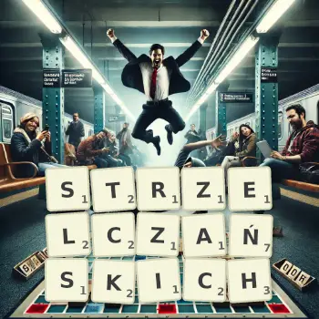 Kreatywna ilustracja do gry w Scrabble ze słowem STRZELCZAŃSKICH ułożonym z płytek na planszy.