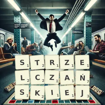 Kreatywna ilustracja do gry w Scrabble ze słowem STRZELCZAŃSKIEJ ułożonym z płytek na planszy.