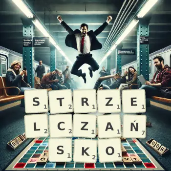 Kreatywna ilustracja do gry w Scrabble ze słowem STRZELCZAŃSKO ułożonym z płytek na planszy.