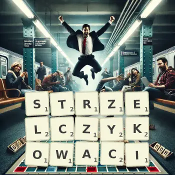 Kreatywna ilustracja do gry w Scrabble ze słowem STRZELCZYKOWACI ułożonym z płytek na planszy.