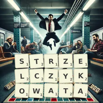 Kreatywna ilustracja do gry w Scrabble ze słowem STRZELCZYKOWATA ułożonym z płytek na planszy.