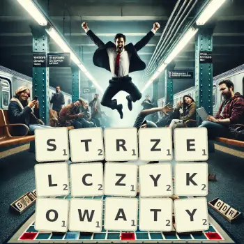 Kreatywna ilustracja do gry w Scrabble ze słowem STRZELCZYKOWATY ułożonym z płytek na planszy.