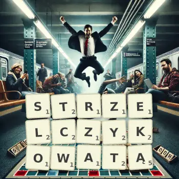 Kreatywna ilustracja do gry w Scrabble ze słowem STRZELCZYKOWATĄ ułożonym z płytek na planszy.