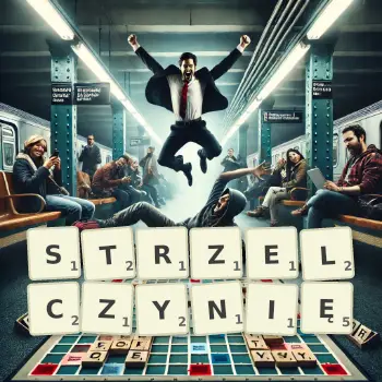 Kreatywna ilustracja do gry w Scrabble ze słowem STRZELCZYNIĘ ułożonym z płytek na planszy.