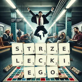 Kreatywna ilustracja do gry w Scrabble ze słowem STRZELECKIEGO ułożonym z płytek na planszy.