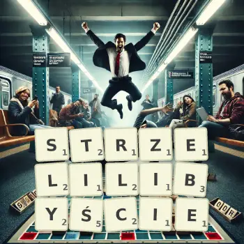 Kreatywna ilustracja do gry w Scrabble ze słowem STRZELILIBYŚCIE ułożonym z płytek na planszy.