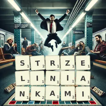 Kreatywna ilustracja do gry w Scrabble ze słowem STRZELINIANKAMI ułożonym z płytek na planszy.