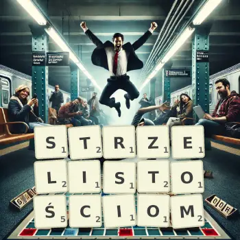 Kreatywna ilustracja do gry w Scrabble ze słowem STRZELISTOŚCIOM ułożonym z płytek na planszy.