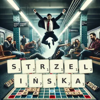 Kreatywna ilustracja do gry w Scrabble ze słowem STRZELIŃSKA ułożonym z płytek na planszy.
