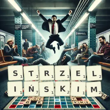 Kreatywna ilustracja do gry w Scrabble ze słowem STRZELIŃSKIM ułożonym z płytek na planszy.