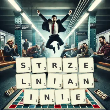 Kreatywna ilustracja do gry w Scrabble ze słowem STRZELNIANINIE ułożonym z płytek na planszy.