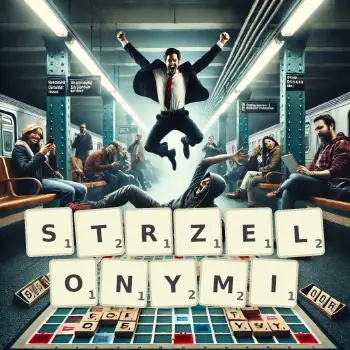 Kreatywna ilustracja do gry w Scrabble ze słowem STRZELONYMI ułożonym z płytek na planszy.