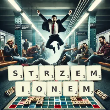 Kreatywna ilustracja do gry w Scrabble ze słowem STRZEMIONEM ułożonym z płytek na planszy.