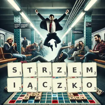 Kreatywna ilustracja do gry w Scrabble ze słowem STRZEMIĄCZKO ułożonym z płytek na planszy.
