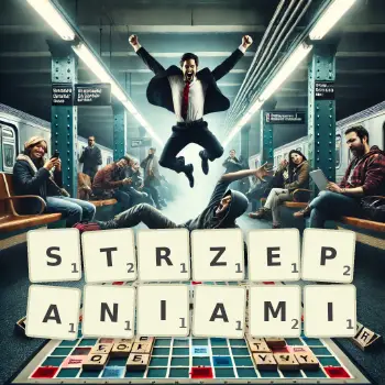 Kreatywna ilustracja do gry w Scrabble ze słowem STRZEPANIAMI ułożonym z płytek na planszy.