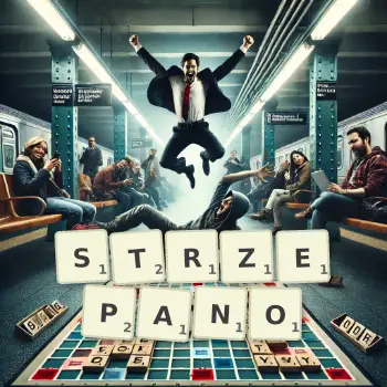 Kreatywna ilustracja do gry w Scrabble ze słowem STRZEPANO ułożonym z płytek na planszy.