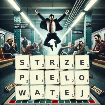 Kreatywna ilustracja do gry w Scrabble ze słowem STRZEPIELOWATEJ ułożonym z płytek na planszy.