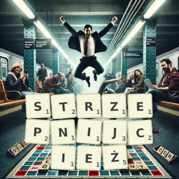 Kreatywna ilustracja do gry w Scrabble ze słowem STRZEPNIJCIEŻ ułożonym z płytek na planszy.