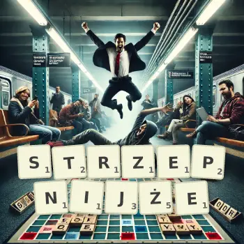 Kreatywna ilustracja do gry w Scrabble ze słowem STRZEPNIJŻE ułożonym z płytek na planszy.