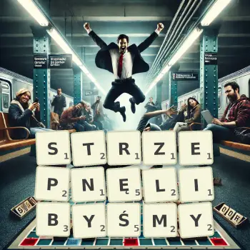 Kreatywna ilustracja do gry w Scrabble ze słowem STRZEPNĘLIBYŚMY ułożonym z płytek na planszy.