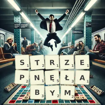 Kreatywna ilustracja do gry w Scrabble ze słowem STRZEPNĘŁABYM ułożonym z płytek na planszy.