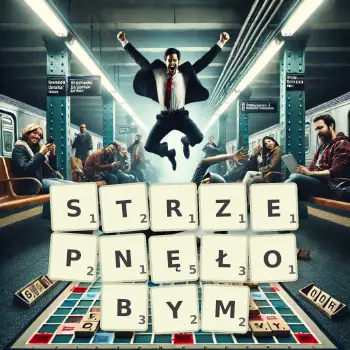 Kreatywna ilustracja do gry w Scrabble ze słowem STRZEPNĘŁOBYM ułożonym z płytek na planszy.