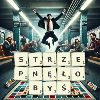 Kreatywna ilustracja do gry w Scrabble ze słowem STRZEPNĘŁOBYŚ ułożonym z płytek na planszy.