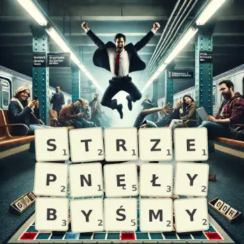 Kreatywna ilustracja do gry w Scrabble ze słowem STRZEPNĘŁYBYŚMY ułożonym z płytek na planszy.