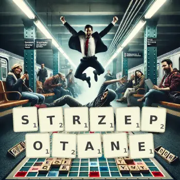 Kreatywna ilustracja do gry w Scrabble ze słowem STRZEPOTANE ułożonym z płytek na planszy.