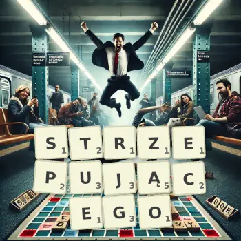Kreatywna ilustracja do gry w Scrabble ze słowem STRZEPUJĄCEGO ułożonym z płytek na planszy.